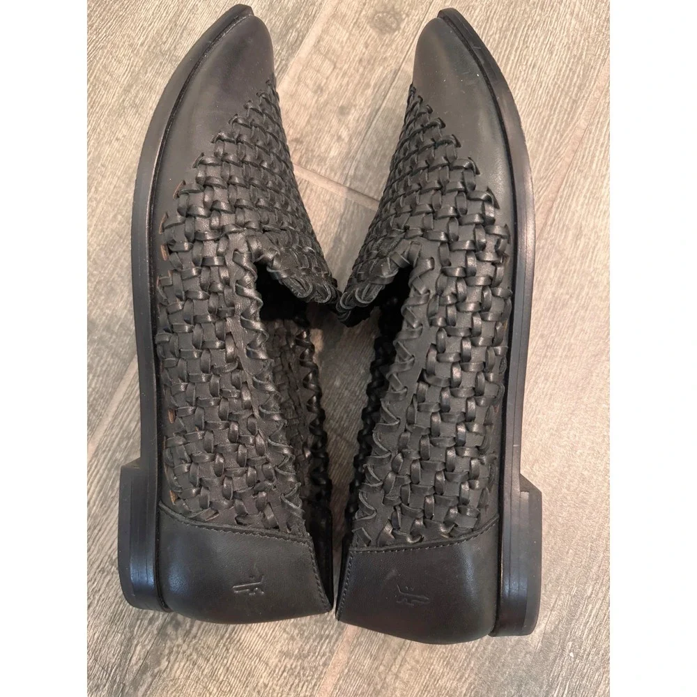Frye Grace Crosshatch Venetian Woven Leather Pointed Toe Loafers Black 6.5M